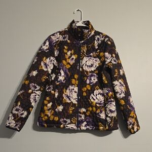 Lands' End Quilted Floral Puffer Jacket W/ Purple & Mustard Flowers, Medium